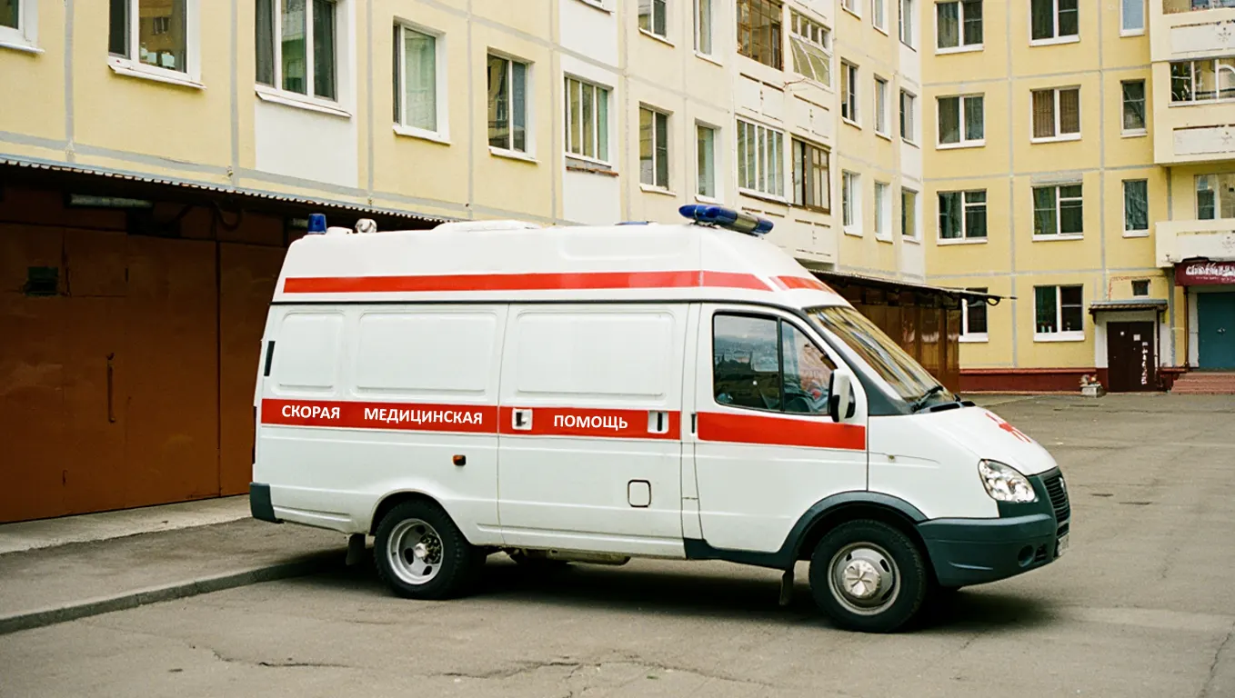 Машина скорой помощи стоит во дворе